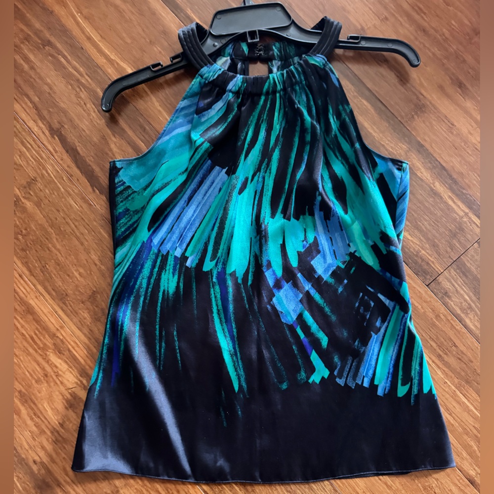 Tahari Satin Halter Top Silky Brush Print Sleeveless Blouse Green Blue Black